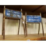 Two mid-20th century painted metal double-sided 'A' frame 'Police Notice No Parking' signs,