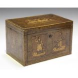 A good 19th century Sorrento ware walnut and yew tea caddy, the hinged lid and all four sides inlaid