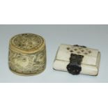 An 18th century Continental bone snuff box, the hinged lid engraved with a couple, the sides with