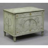 A 19th century Swedish pale green painted pine chest, the hinged lid above a shaped front, all