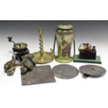 A group of mixed collectors' items and metalware, including two 19th century patinated brass sundial