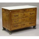 A 19th century Continental satin walnut commode, the white marble top above four long drawers with