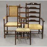 A George V beech framed elbow chair, the caned seat and back within a barley twist frame, width