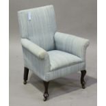 A George V child's armchair, upholstered in blue striped fabric, on cabriole legs and castors,