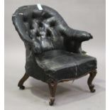 A Victorian tub back salon armchair, upholstered in black leatherette, on cabriole legs, height