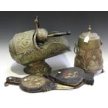 A late Victorian foliate embossed brass helmet coal scuttle and matching shovel, length 41cm,