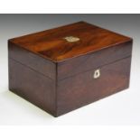 A mid-Victorian rosewood lady's vanity box, the interior fitted with plate-topped glass jars,