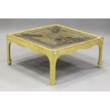 A 20th century painted square coffee table, the top decorated with baroque style putti and gilt