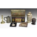 A small group of collectors' items, including a 19th century pewter lidded 'Mudge' inhaler, a