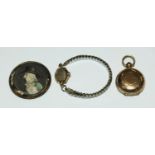 A Victorian gold plated sovereign case with engraved decoration, a circular portrait miniature of