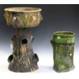 A mid-20th century glazed earthenware two-section planter of naturalistic tree stump form, height