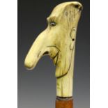 A Victorian Malacca shafted walking stick, the antler handle carved as the head of a long-nosed