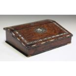 A late Victorian amboyna writing box with mother-of-pearl, ebony and pewter inlaid decoration, width