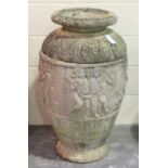 A 20th century cast composition stone garden urn of amphora form, the body decorated with a band