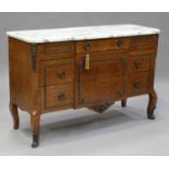 A 20th century French pollard oak commode with gilt metal mounts, the white marble top above three