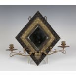 A late Victorian Arts and Crafts brass and oak framed two-light girandole wall mirror, the