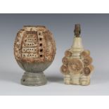 Two Bernard Rooke studio pottery stoneware lampbases, the first modelled as geometric shapes with