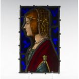 A Renaissance style stained and leaded glass rectangular portrait panel, depicting a maiden in