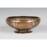 An Arts and Crafts/Art Deco hammered copper and white metal mounted bowl, presentation engraved 'B.