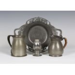 A small group of Liberty & Co 'Tudric' pewter items, comprising a tankard, designed by Oliver Baker,