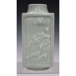 A Chinese celadon glazed porcelain vase, 20th century, the body of square section, moulded in low