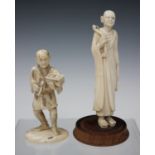 A Japanese carved ivory okimono figure of a man tending a bonsai, Meiji period, holding a pair of