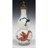 A Chinese famille verte porcelain bottle vase, late Qing dynasty, of double gourd form painted