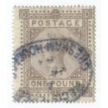 A Great Britain 1878 £1 brown-lilac stamp, watermark Maltese cross (SG 129) used oval registered