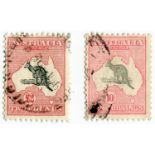 An Australia 1932-34 10 shilling stamp and £2 kangaroo stamp used, a couple of short perforations (