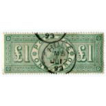 A Great Britain 1891 £1 green stamp, used with central Hull circular date stamp (SG 212).Buyer’s