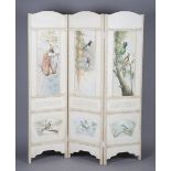 A 20th century cream crackle painted three-fold dressing screen, one side painted with panels of