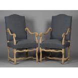 A pair of 20th century French Os de Mouton bleached showframe armchairs, the seats and back re-