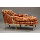 A 20th century Rococo style limed beech showframe daybed, upholstered in foliate patterned red and