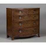 An early Victorian figured mahogany bowfront chest of two short and three long drawers, raised on