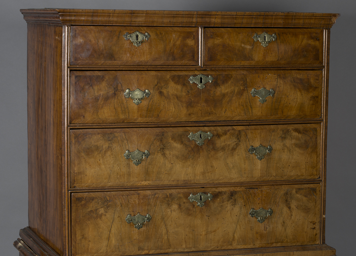 A George I walnut chest-on-stand, the moulded pediment above two short and three long oak-lined - Image 3 of 5