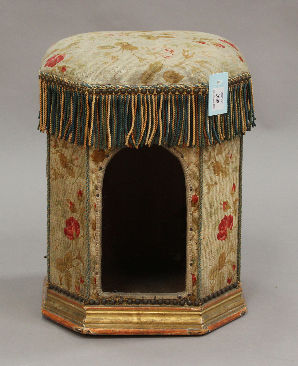 A mid-Victorian needlework box seat stool of canted square form, one side with open arch to form a - Image 3 of 3