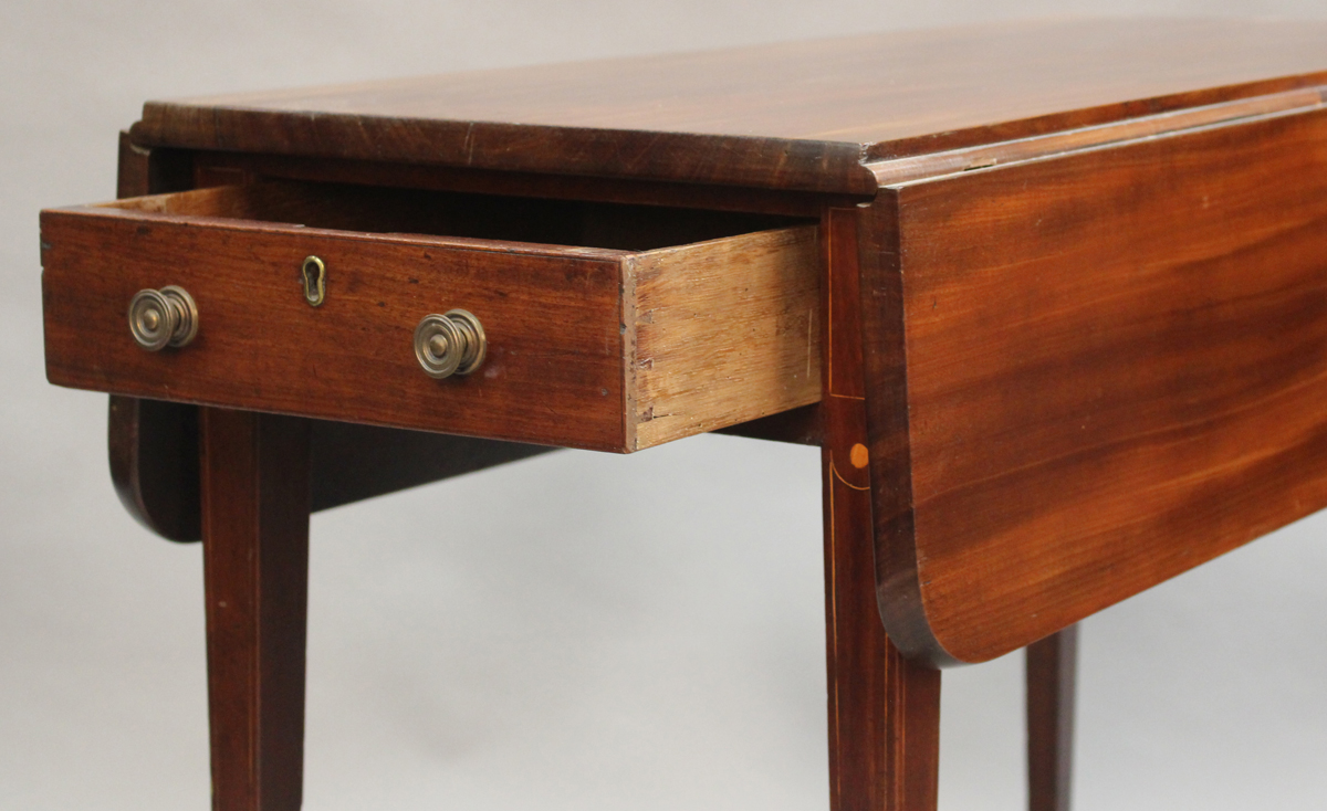 A late George III mahogany Pembroke table with boxwood line inlaid decoration, fitted with a - Image 3 of 3