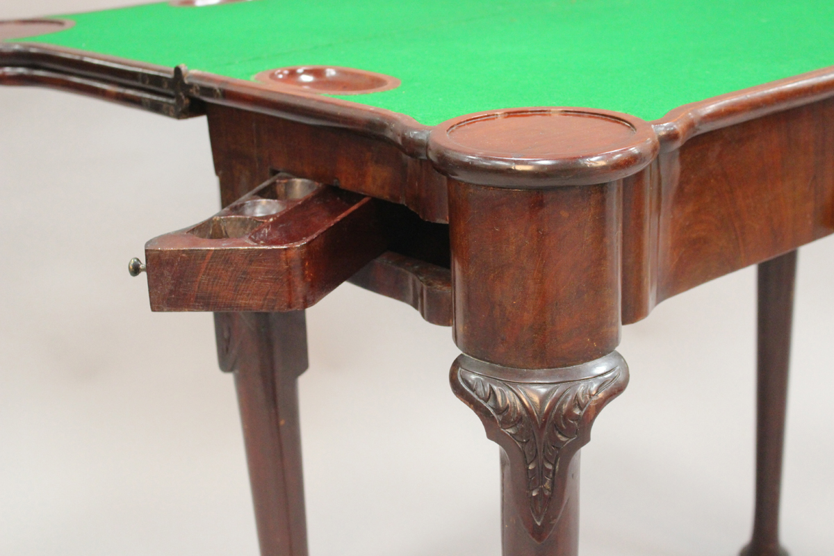 A George II mahogany triple leaf fold-over games and tea table, the hinged top with projecting - Image 3 of 8