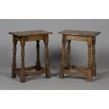A near pair of late 20th century Carolean style oak joint stools, both raised on turned and block
