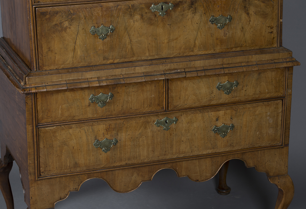 A George I walnut chest-on-stand, the moulded pediment above two short and three long oak-lined - Image 4 of 5