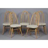 A set of five Ercol Quaker model 365 dining chairs, the hoop backs above solid panel seats, on