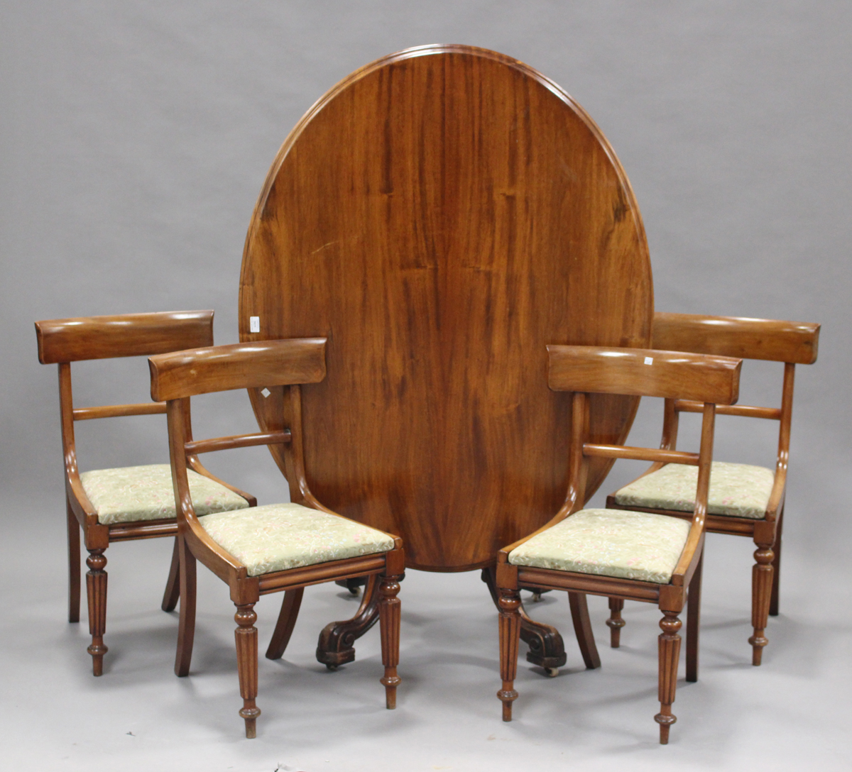 A late Victorian mahogany oval tip-top breakfast table, the turned stem on cabriole legs, height