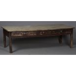 A 19th century provincial pine low serving table, the plank top above a painted base, fitted with