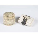 An 18th century Continental bone snuff box, the hinged lid engraved with a couple, the sides with