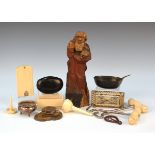 A small group of collectors' items, including a carved and painted softwood figure of a saint,