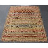 A mid-20th century Egyptian machined silk tapestry, the central field with bands of figures and