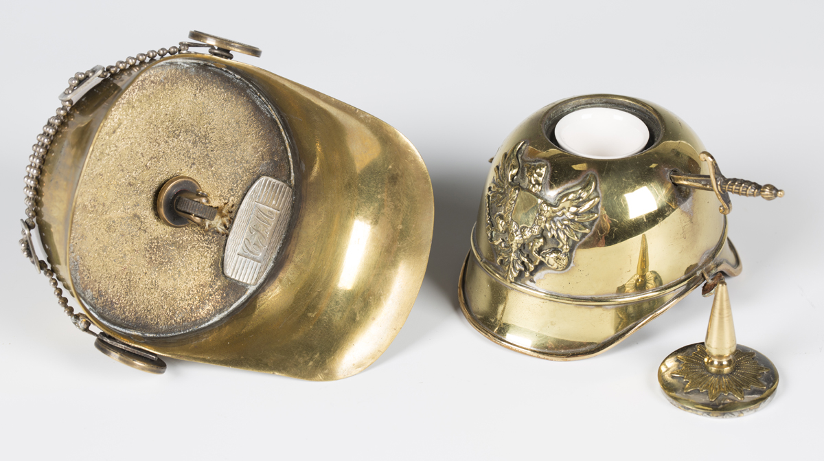 Two early/mid-20th century brass miniature novelty models of pickelhaube helmets, one fitted as an - Image 2 of 2