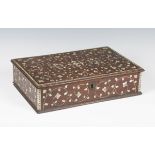 An 18th/19th century Indo-Portuguese hardwood and ivory inlaid writing box, the hinged lid and sides