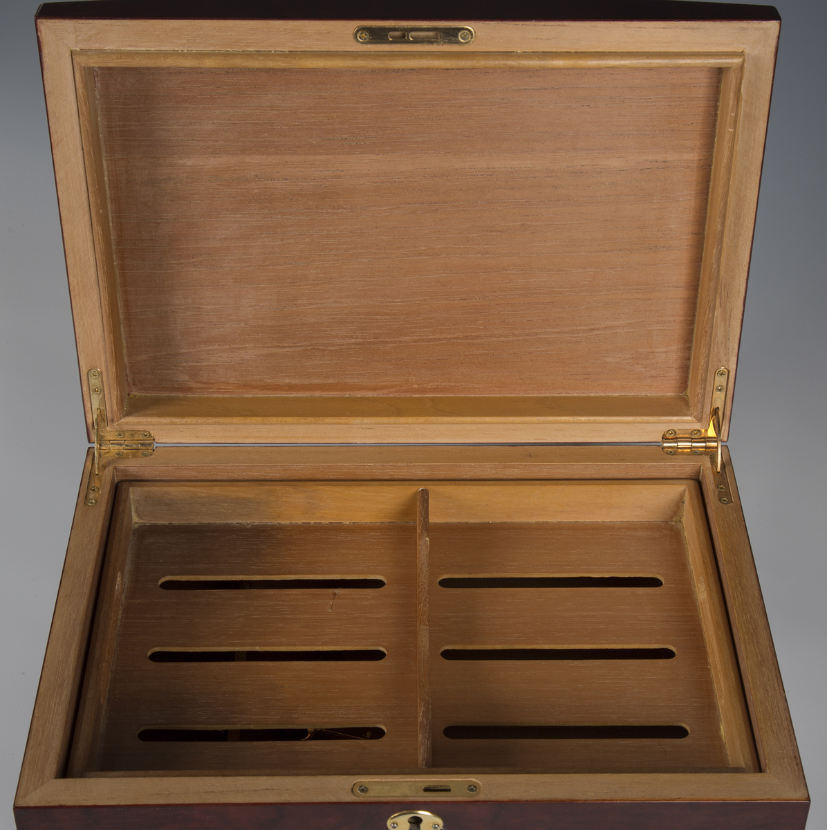 A late 20th century stained wooden cigar humidor, the front with inset hygrometer, width 34cm. - Image 2 of 3