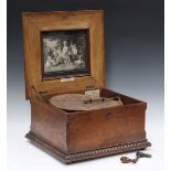 A late 19th century walnut cased Symphonium, playing 33.5cm discs, the hinged lid with transfer